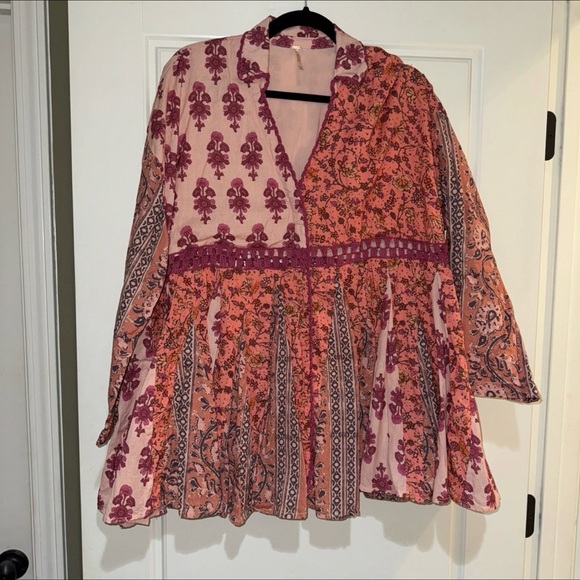 Free People Floral Red and Pink Mini Dress babydoll bohemian boho - Picture 3 of 9